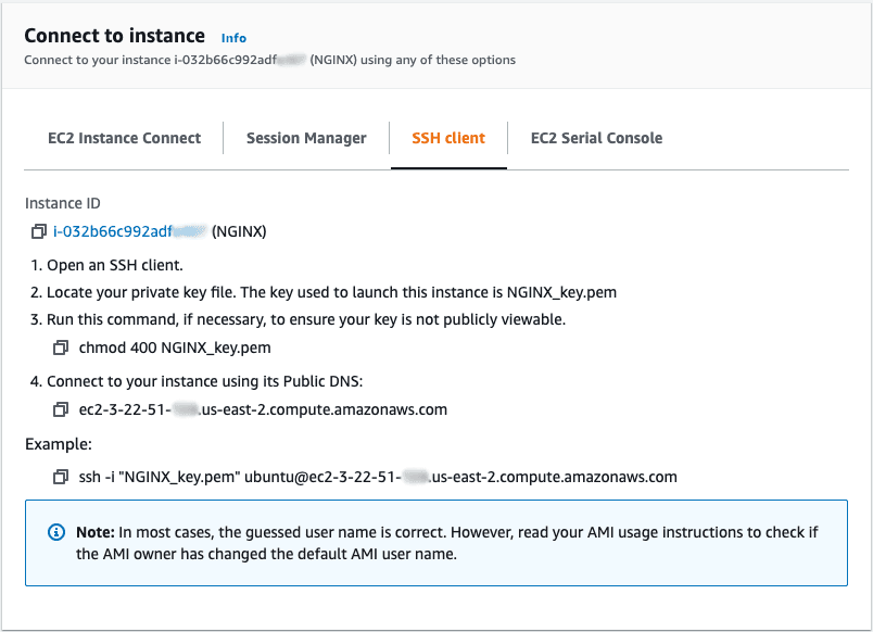 Screenshot of Amazon EC2 'Connect to instance' pop-up window
