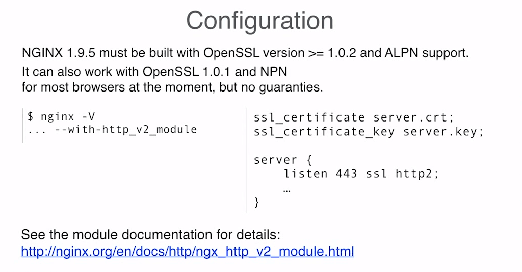 Slide describing the requirements and command argument for building an NGINX binary with the HTTP/2 module, plus directive for activating HTTP/2 in the configuration