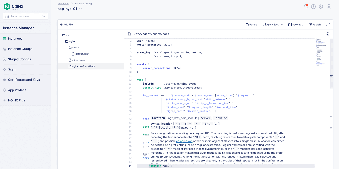 Screenshot of configuration editor in NGINX Management Suite Instance manager 2.8.0