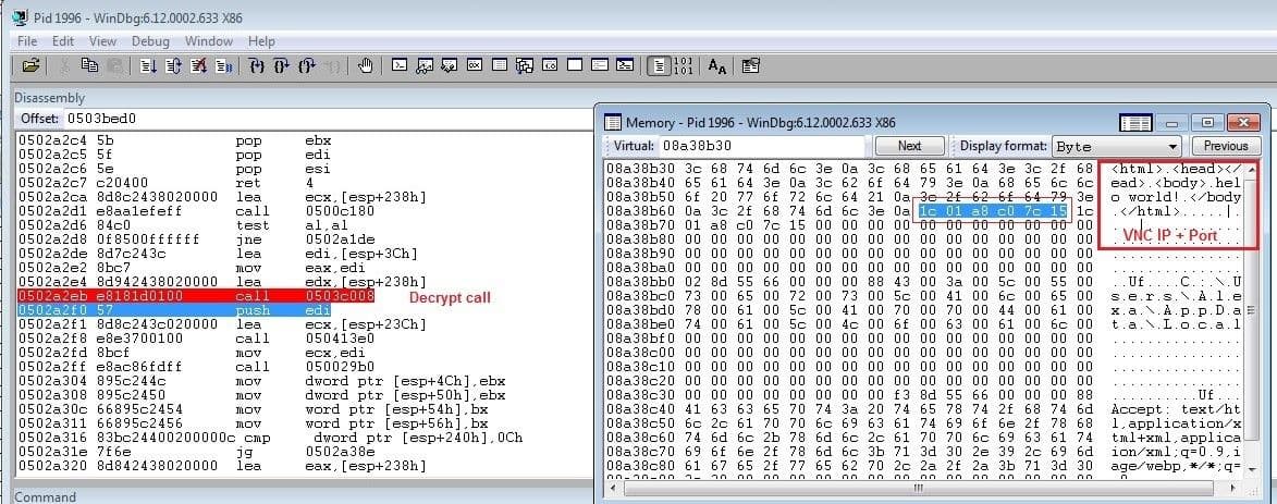 Figure 2: Decrypted script content; the IP and the PORT are appended alt="Dridex Figure 2: Decrypted script content; the IP and the PORT are appended"