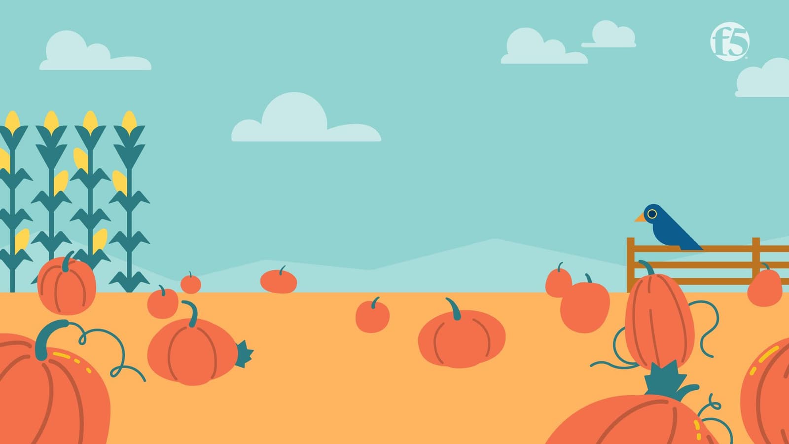 blue sky pumpkin patch with blue bird on fence