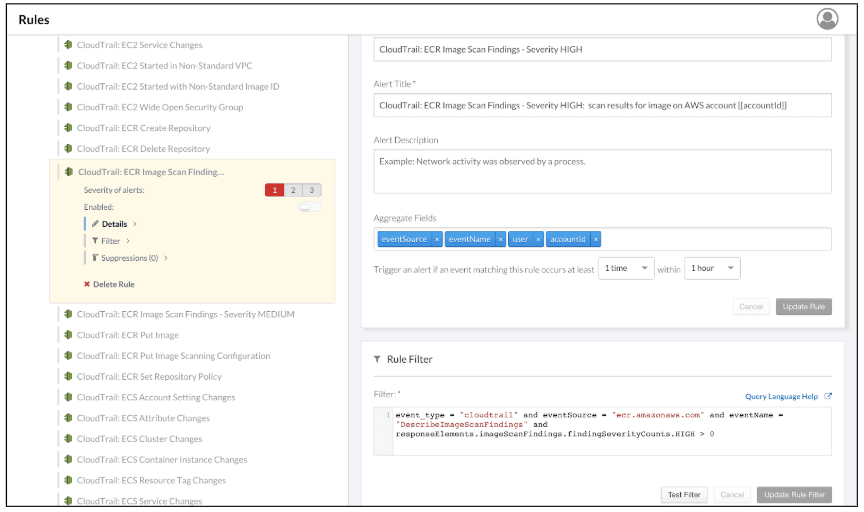 Figure 1: Screenshot of Threat Stack Rules UI for CloudTrail: ECR