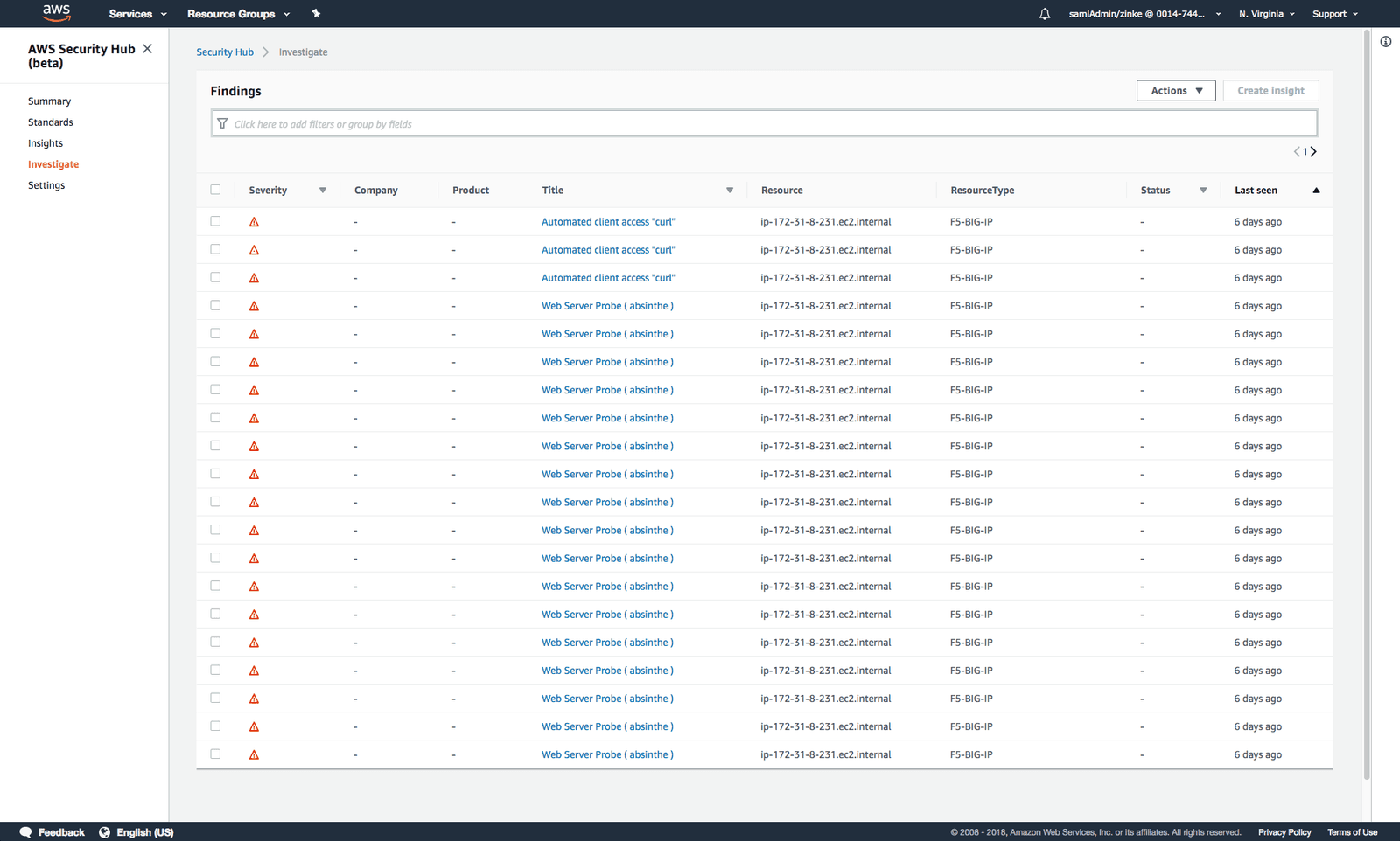 Figure 2 – Example F5 WAF findings in AWS Security Hub console