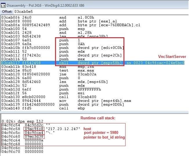 Figure 7: The call to VNCStartServer with parameters Dridex Figure 7: The call to VNCStartServer with parameters