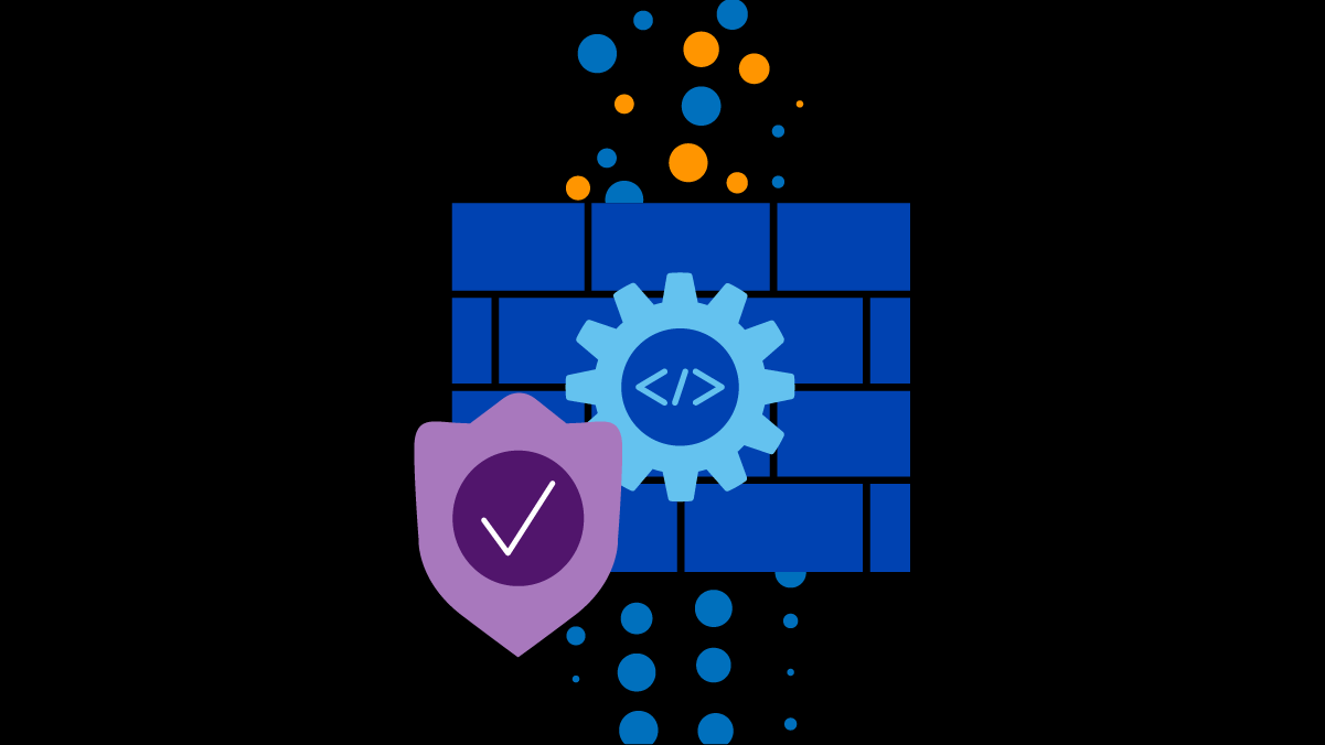 Shield, gear, and brick wall