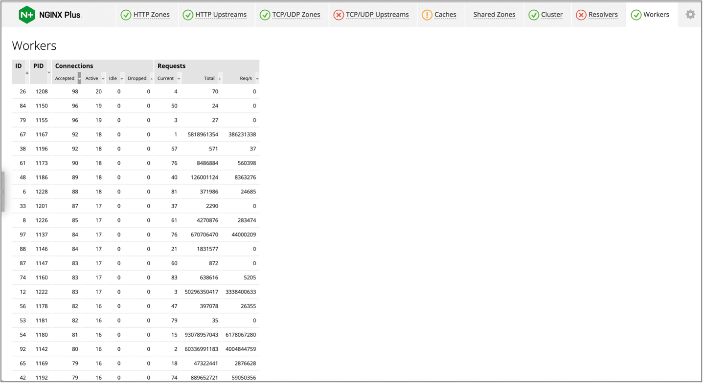 NGINX Plus Live Activity Monitoring Dashboard showing the information below about NGINX Plus connections and requests