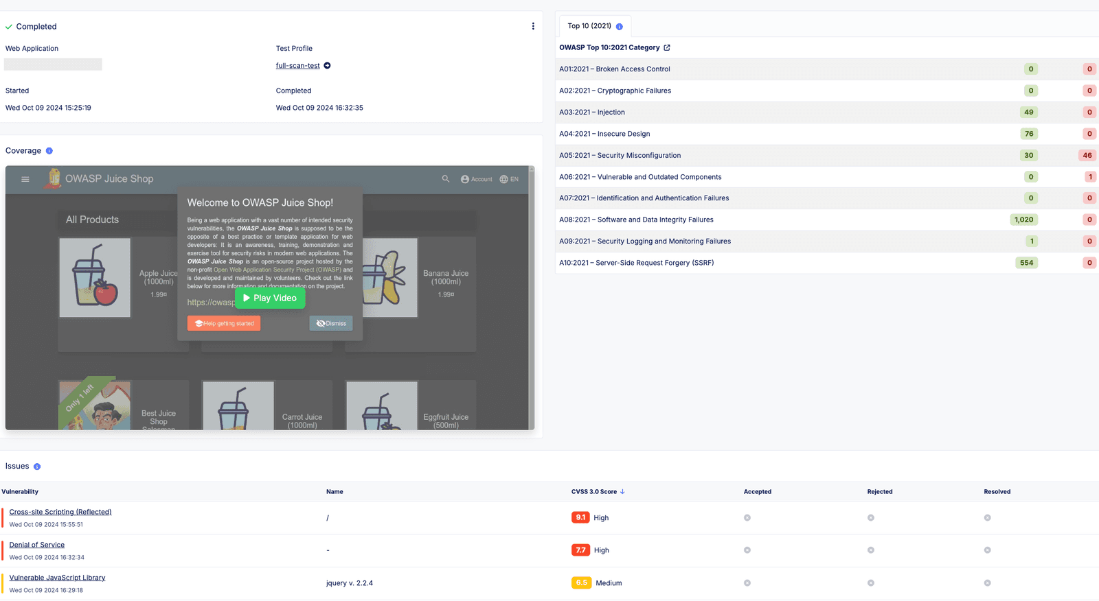 図 1 Web App Scanningの脆弱性スキャン結果画面 Web app scanning