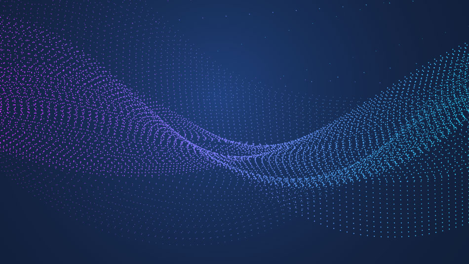 Imagen abstracta de una ola creada con puntos morados y turquesas sobre fondo azul