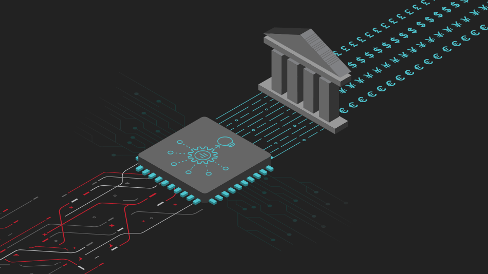 Ilustración simple de circuitos y un dispositivo de montaje en superficie frente a las puertas virtuales de los registros de una institución financiera