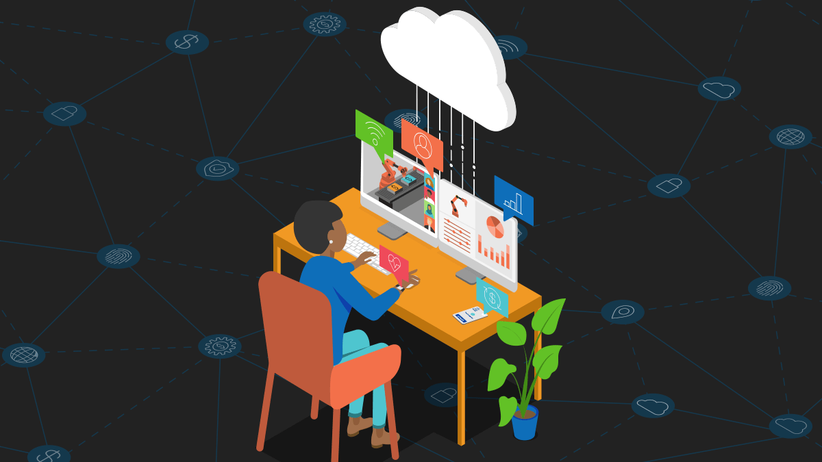 Gráfico simples ilustrando uma pessoa trabalhando em uma mesa com dois monitores, um smartphone e um smartwatch.