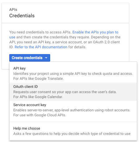 Google OAuth 2.0 クライアント ID を作成するときは、作成する認証情報の種類として「OAuth クライアント ID」を選択します。