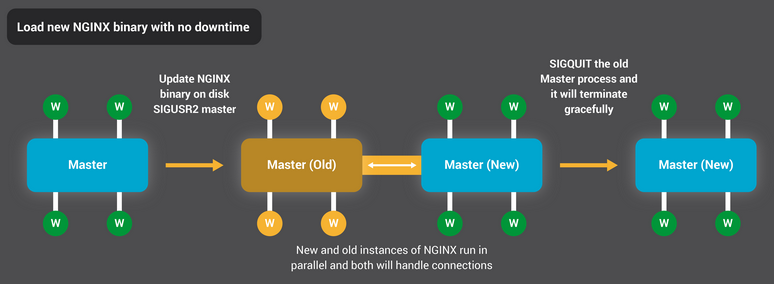 NGINX recarga su binario sin ningún tiempo de inactividad (interrupción del procesamiento de la solicitud).