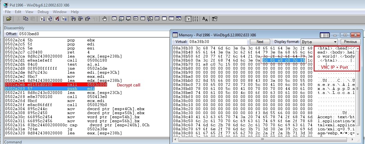 alt="Dridex Figure 2: Decrypted script content; the IP and the PORT are appended"