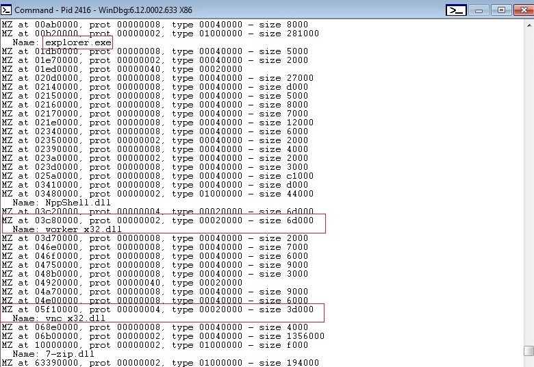 Dridex Figure 5: explorer.exe – the original explorer code, worker_x32.dll – the main Dridex module, vnc_x32.dll – the vnc module