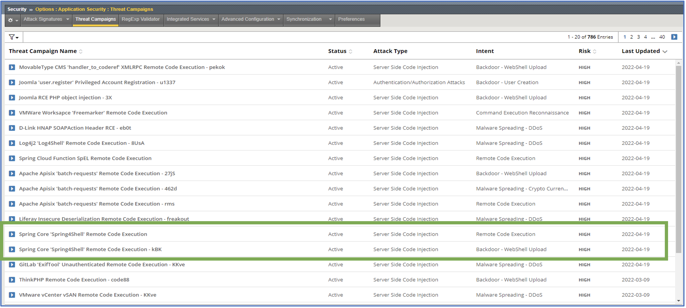 Figure 3: F5 Threat Campaigns feed detects exploitable vulnerabilities, like Spring4Shell