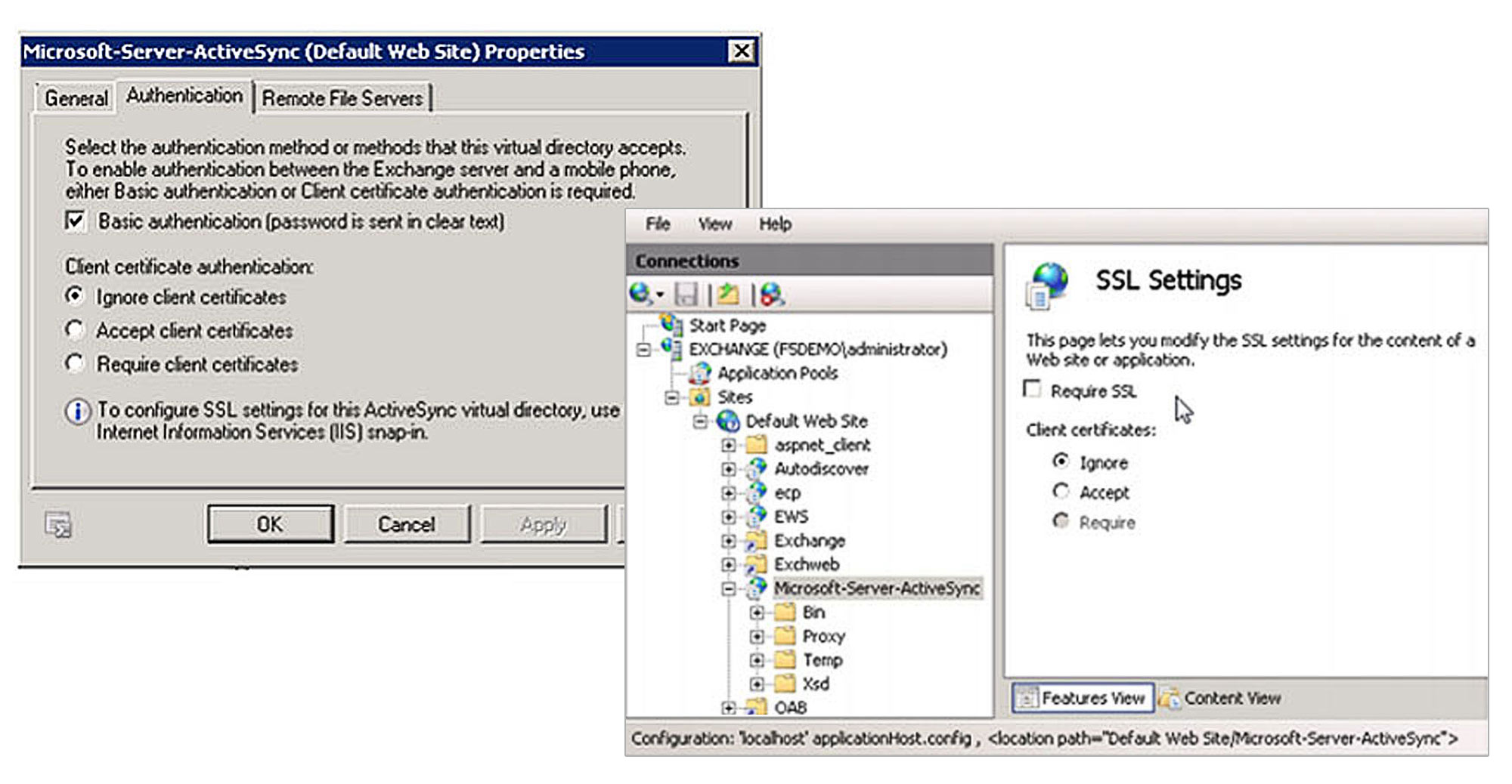 Captura de pantalla de la configuración de Exchange ActiveSync y de los valores predeterminados de las directivas
