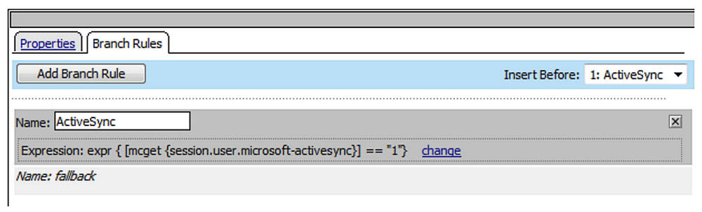 截图特写，显示分支规则 (ActiveSync)