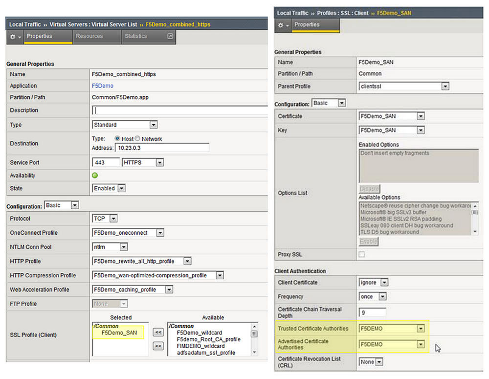 Screenshot of the virtual server list (F5Demo_combined_https) and Client (F5Demo_SAN)