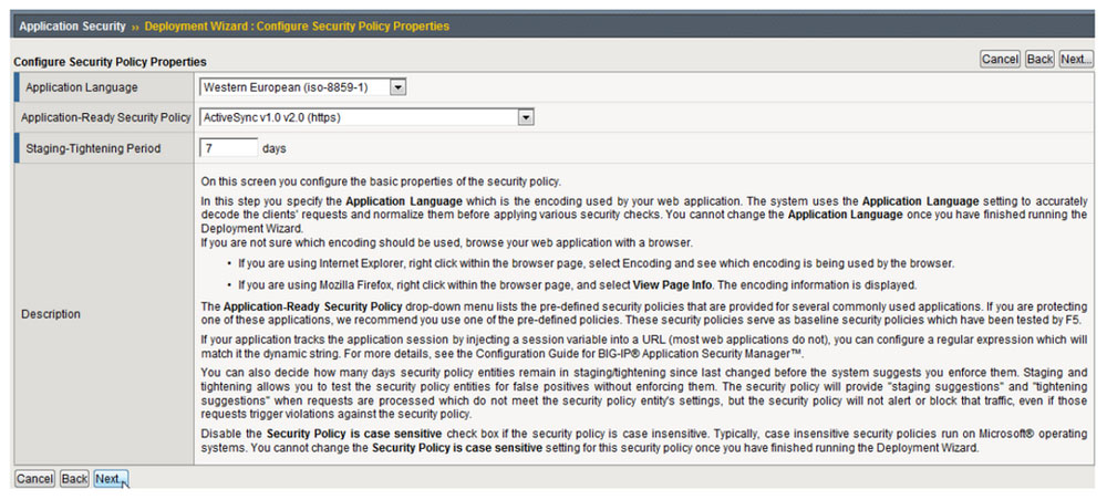 Captura de pantalla del asistente de implementación: pantalla de configuración de las propiedades de la política de seguridad