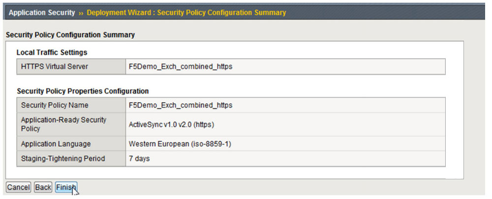 Screenshot of FINISH button on Deployment Wizard: Security Policy Configuration Summary screen