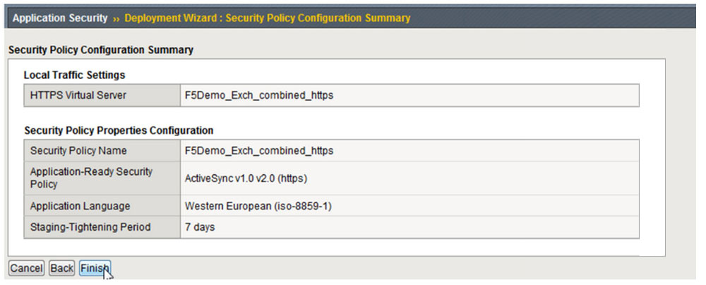 部署向导：安全策略配置摘要界面中“完成”按钮的截图