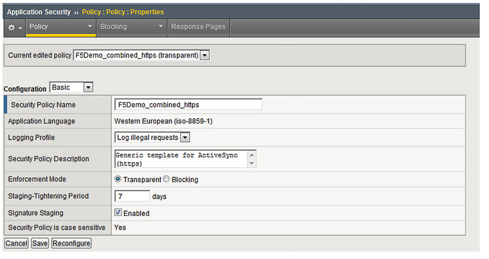 Screenshot of Policy: Properties screen