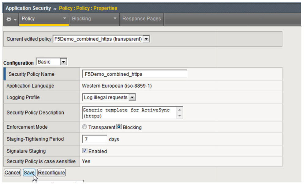 Screenshot of SAVE button on Policy: Properties screen