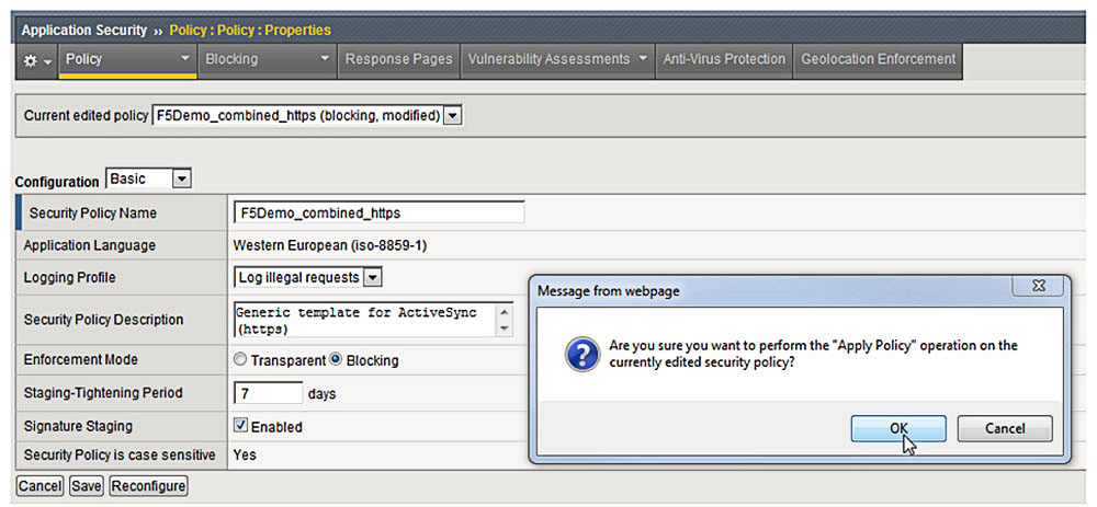 Screenshot of pressing "OK" on "Are you sure you want to perform the "Apply Policy" operation on the currently edited security policy?" screen.