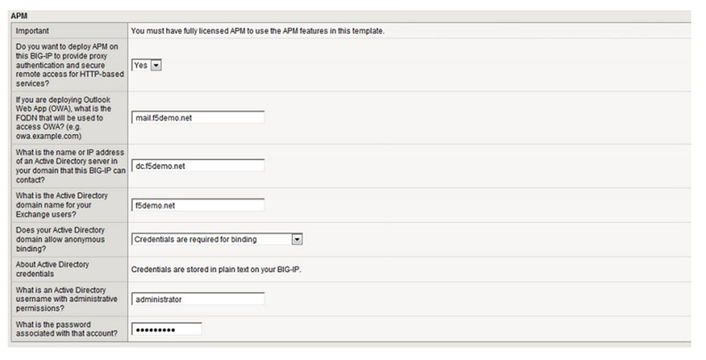 Screenshot of configuring BIG-IP APM in iApp