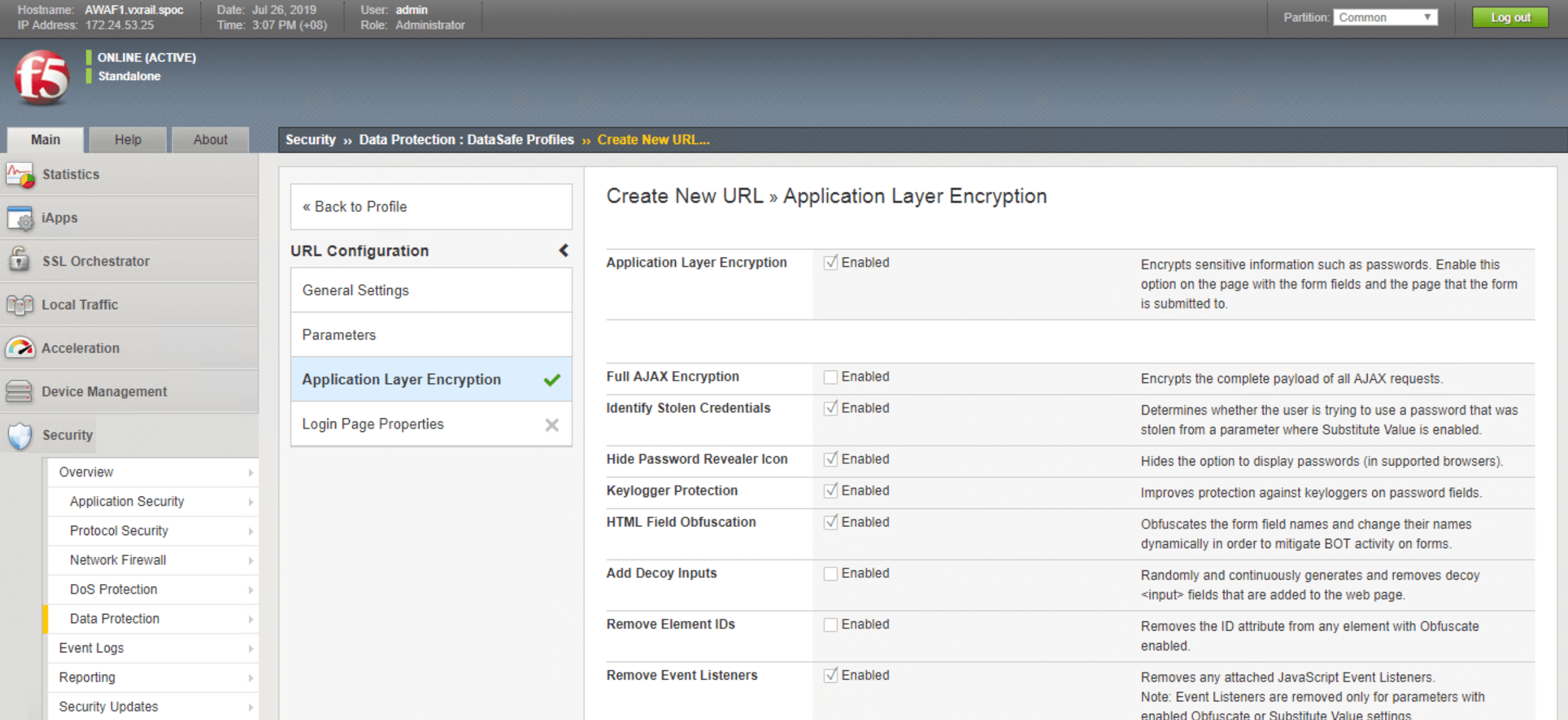 Figure 18: Choose security options in the Application Layer Encryption menu to set a security policy appropriate for your needs. 