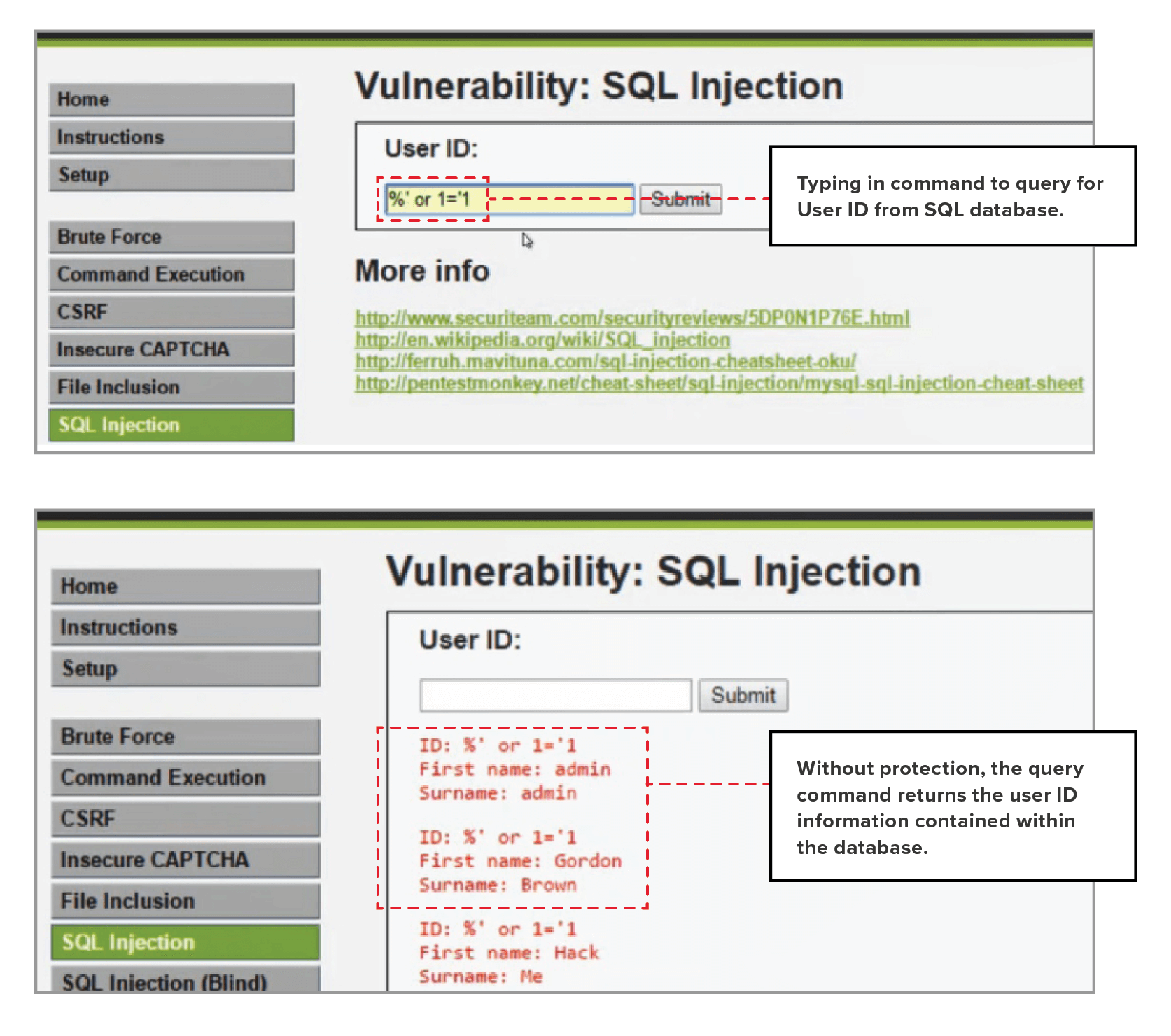 Figure 21: Without SQL injection protection, execution of the query command returns user ID data stored within the system. 
