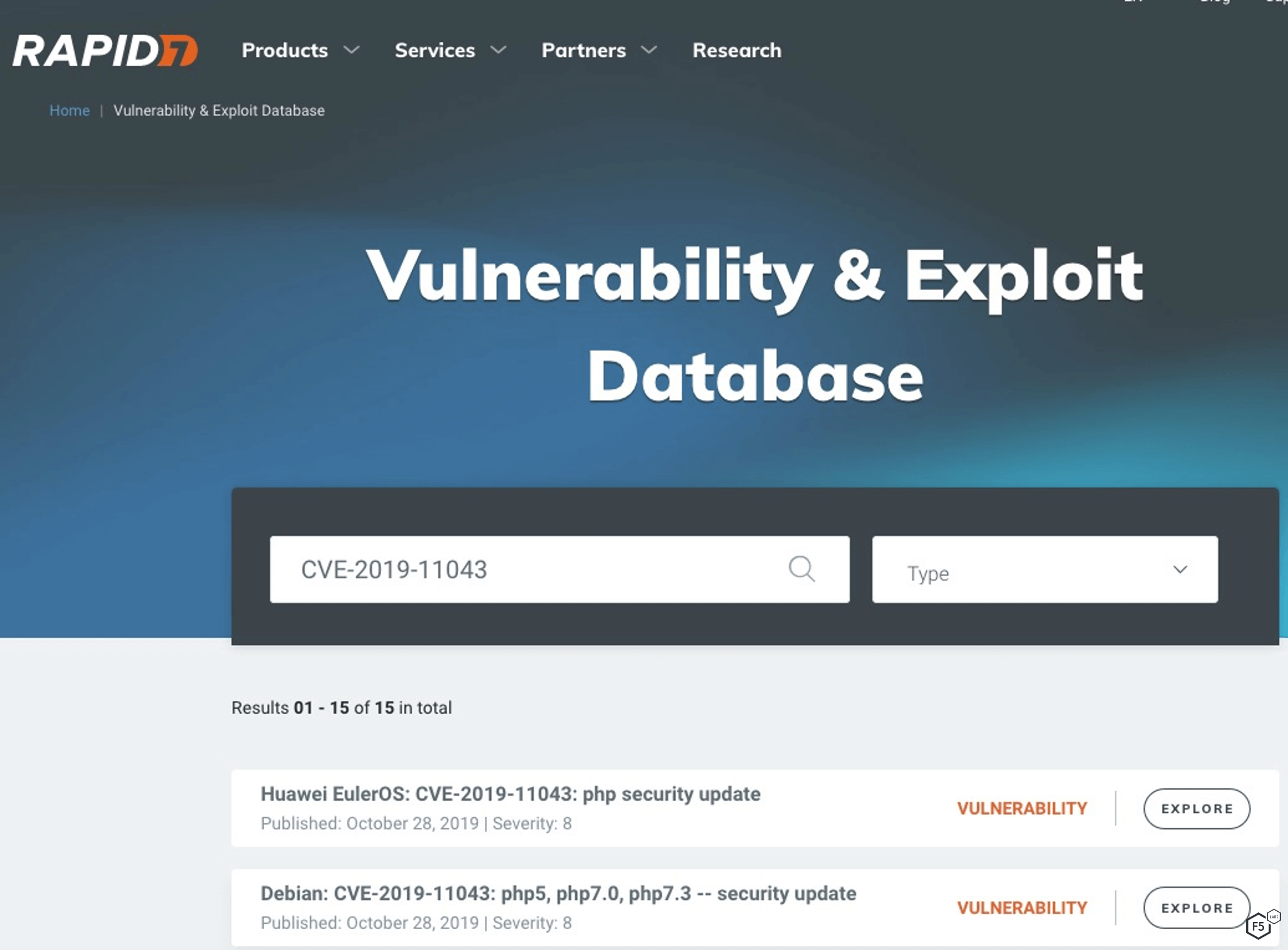 Figure 6. Rapid7 Weaponized Exploits for CVE-2019-11043 from https://www.rapid7.com/db/?q=CVE-2019-11043&q=CVE-2019-11043.