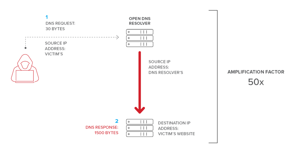 Figure 3. By spoofing the source IP address in specially crafted DNS requests, the attacker amplifies the response sent to the victim