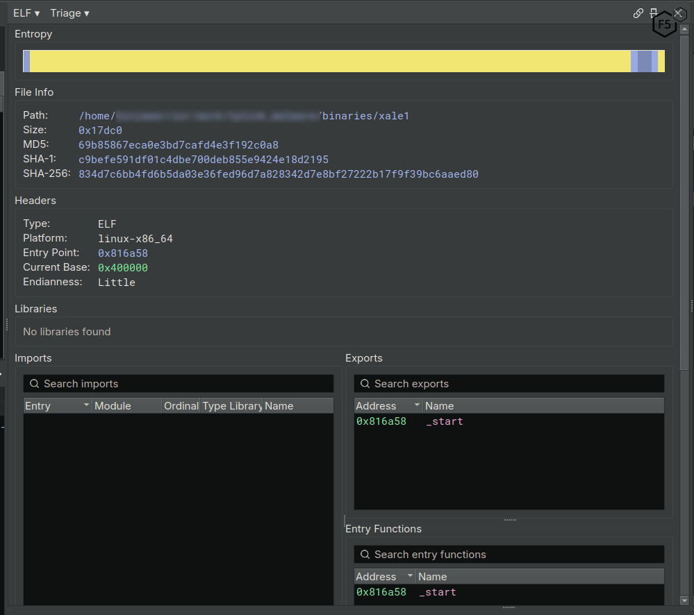 Indications of a packed binary: high entropy with no imports, and a single export and entry point.