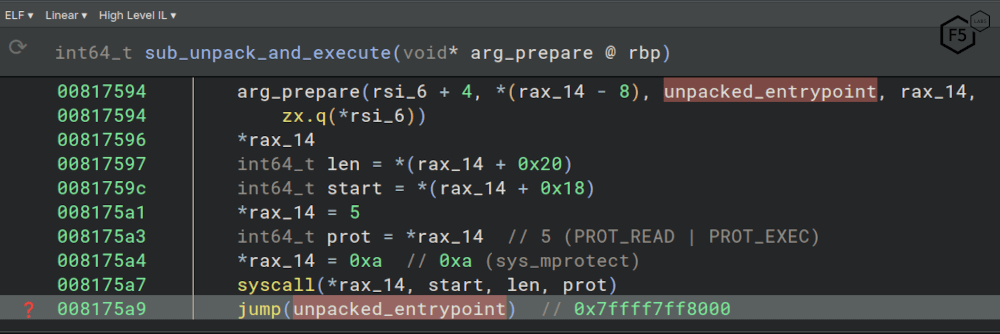 Code from the sub_unpack_and_execute function that first prepares the unpacked code and finally executes it with the highlighted jump statement.
