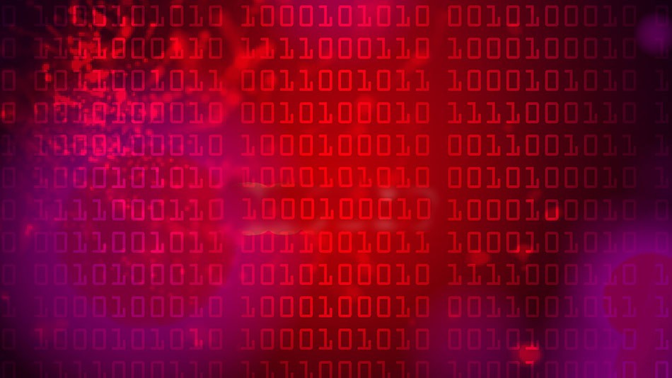 Uma tela de computador coberta de código binário sobre um fundo de vermelho e roxo