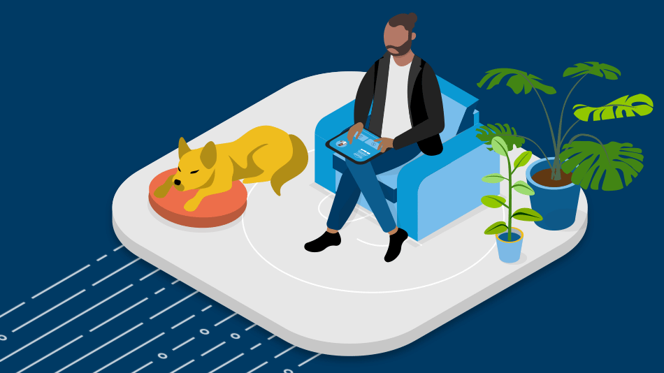 Representação em desenho animado de uma pessoa sentada em uma cadeira confortável trabalhando em um laptop enquanto um cachorro dorme ao seu lado